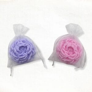Large peony soap in a white organza bag