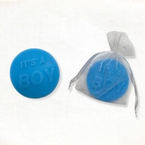 Label round with text "It's a boy" soap in blue