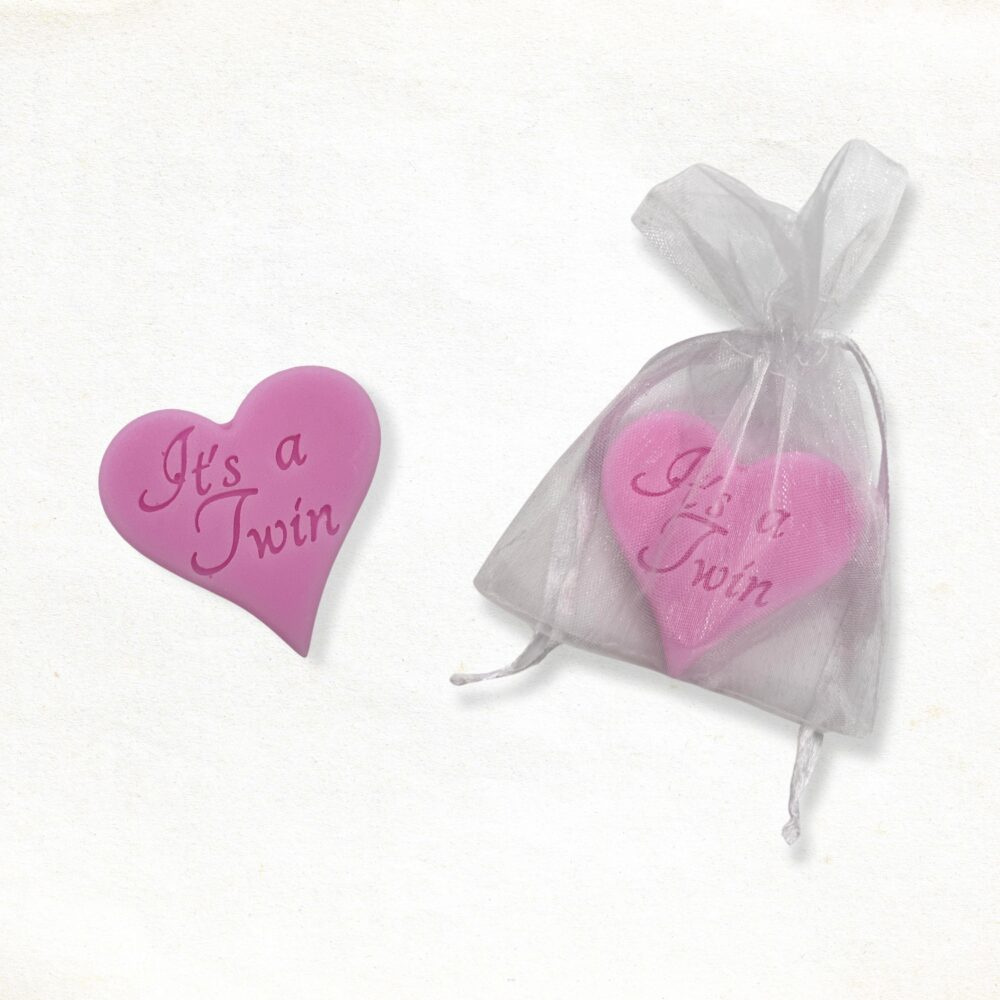 Heart with text "It's a twin" soap in pink