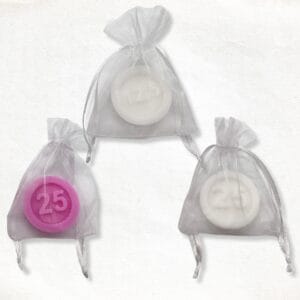 Jubileum munt zeepje 12 of 25 jaar in organza zakje