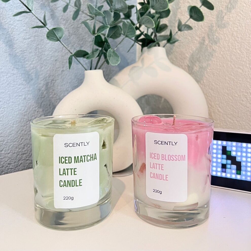 Ijs matcha latte en blossom latte kaars